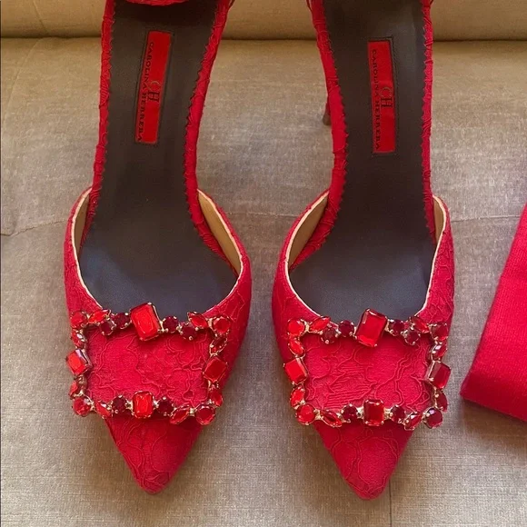 New Carolina Herrera Elegant Red Lace Heels with Embellishments - Picture 2 of 7